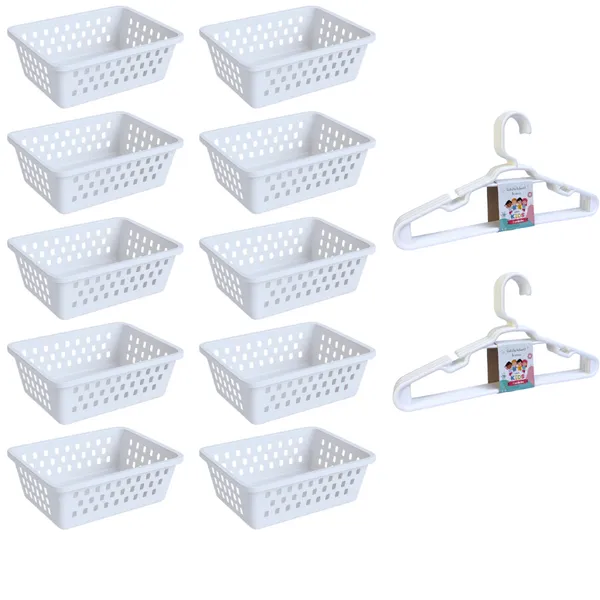 Kit 10 Cesto Organizador e 10 Cabide Infantil Branco Rosa Transparente Azul