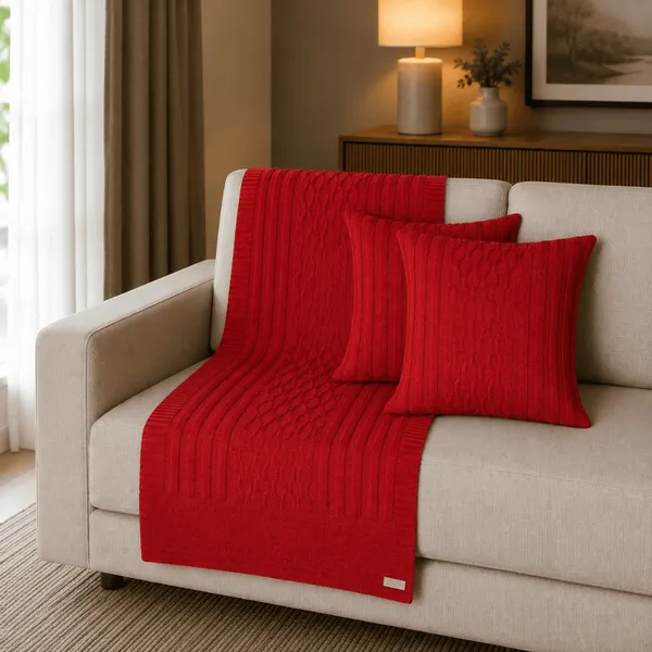 Kit Manta Tricot Californian Style Luxo 3D Tranças + 2 Capas de Almofada para Sofá e Cama