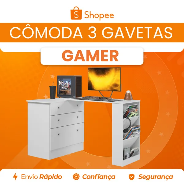 Cômoda Gamer 3 Gavetas com Mesa Giratória em MDP – Qmovi