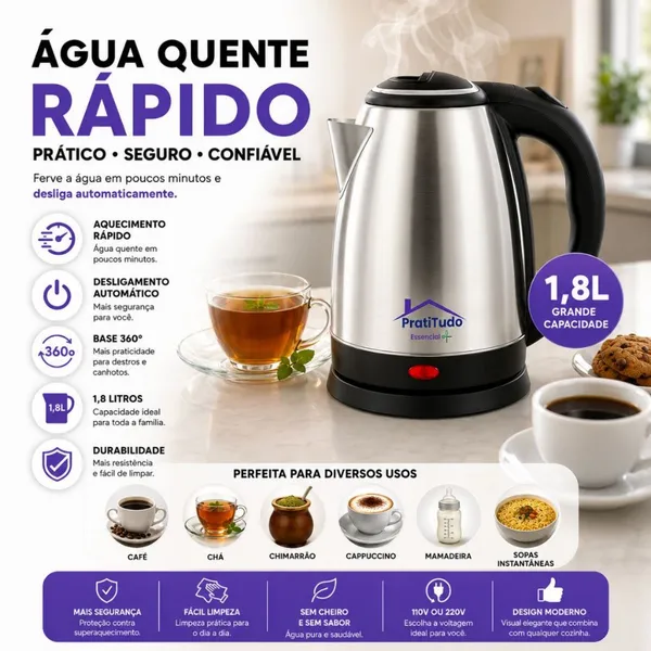 Chaleira Elétrica Inox 1.8L - Desligamento Automático - Ferve Rápido Água P/ Café Chá!