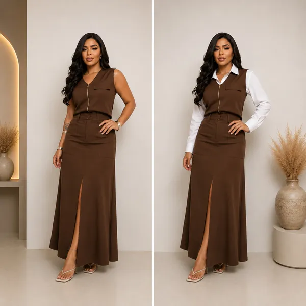 Conjunto Alfaiataria Social Feminino Saia e Blusa Marant Saia longa Com Fenda Colete Alfaiataria Ziper Conjunto Festa