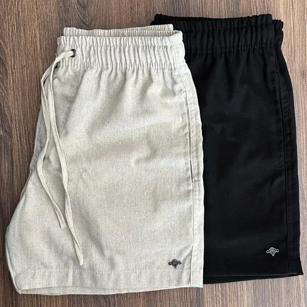 Kit 2 Shorts em Linho Masculino Premium Mauricinho Bermuda Casual Praia Verão Cor Offwhite Natural e Preto