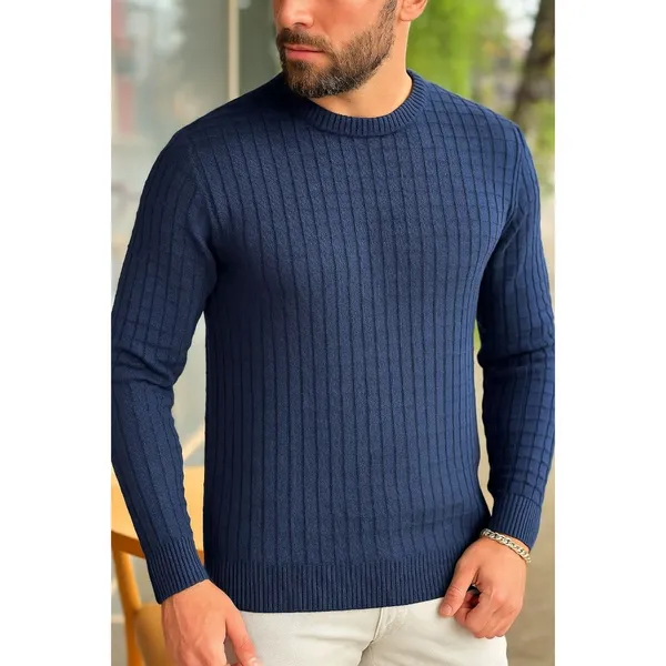 Suéter Masculino de Tricot Básico Liso Gola Redonda