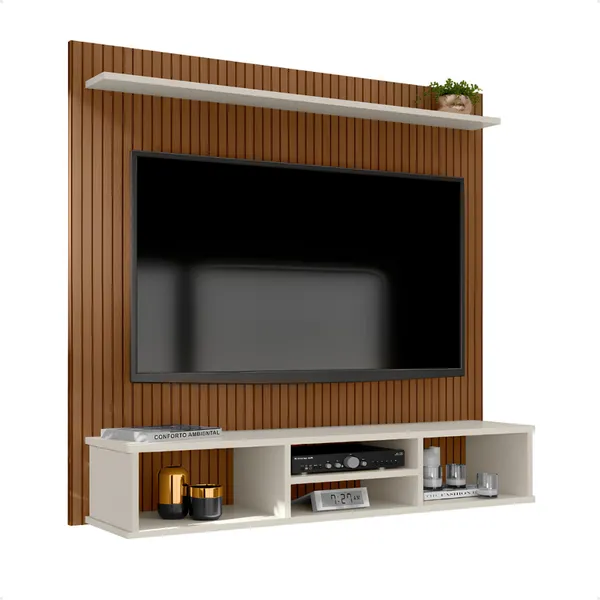 Painel Ripado para TV até 60 Polegadas com Nicho Organizador Prateleira Decorativa Quarto Sala Home