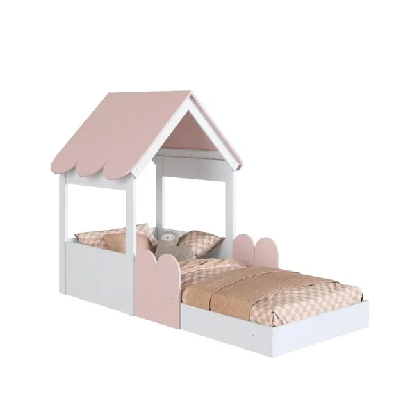 Cama Montessoriana Infantil Casa Solteiro Branco/Rosa - Completa Móveis