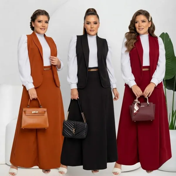 Conjunto 4 Peças Blazer Social Blusa Feminina Manga Longa Saia Longa Cinto