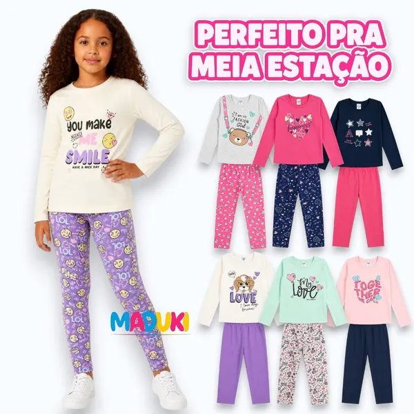 Kit 4 Peças Infantil Feminino – Roupas Meia Estação Menina (Blusa Manga Longa + Calça Legging)