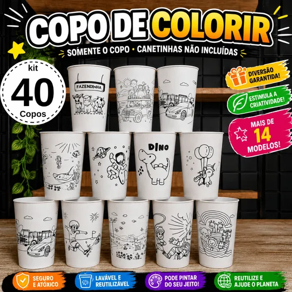 Copo Lembrancinha de Aniversário Kit 40un Copos de Colorir Lembrancinhas de Aniversário infantil