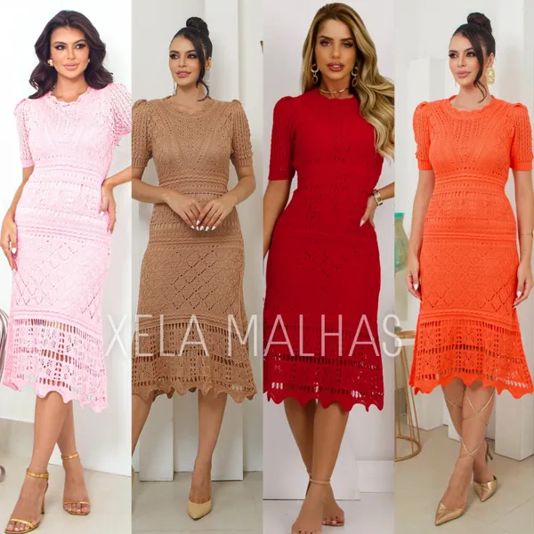 Vestido Midi Tricot Esmeralda Moda Evangélica Rendado Manga Curta – Xela Malhas