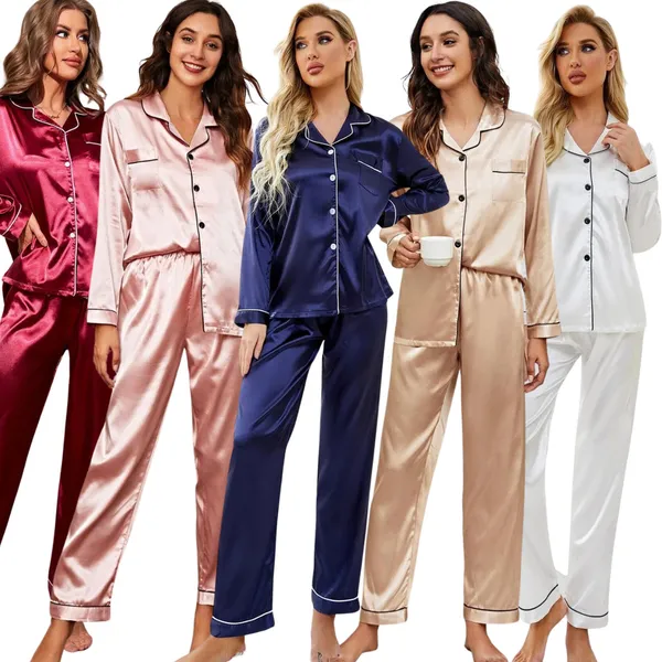 Pijama Feminino Americano em Cetim de Seda com Elastano – Calça e Camisa Manga Longa com Bolso e Botões