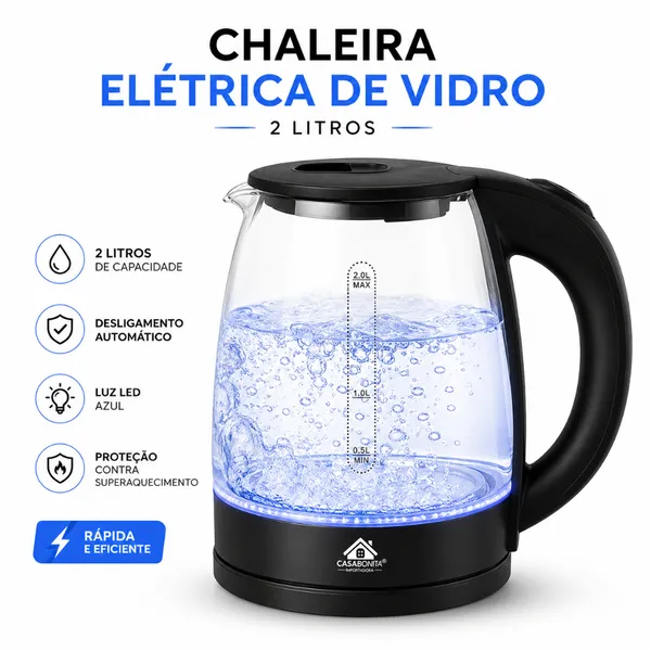 Chaleira Jarra Elétrica de Vidro 2L com Desligamento Automático e Base Giratória