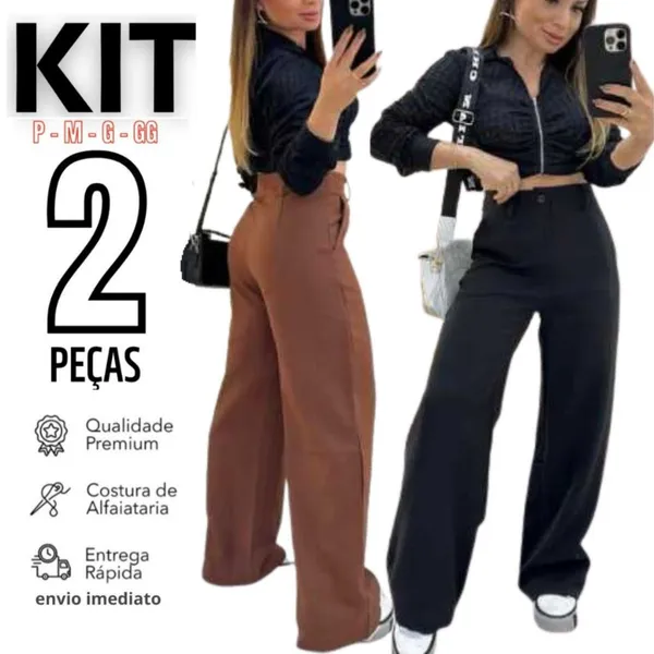 Kit 2 Calças Alfaiataria Premium Cintura Alta com Bolso