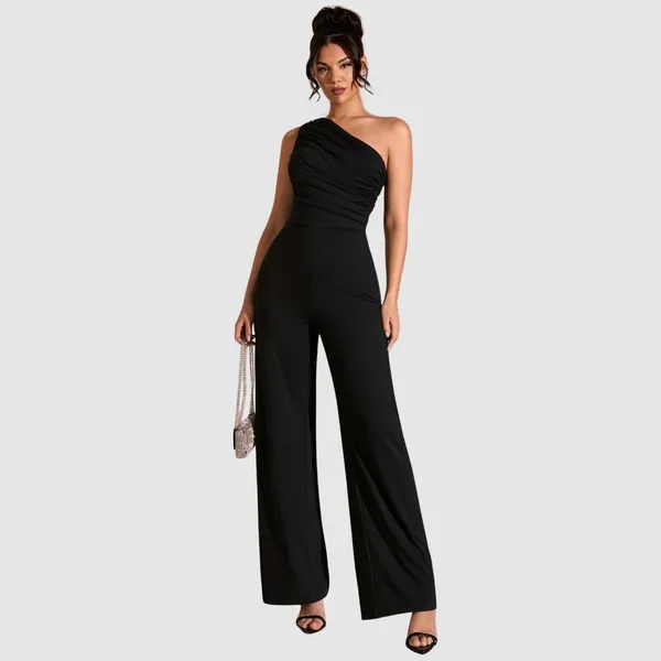 Macacão Feminino Plissado Regata Longo Pantalona Ombro Só Preto