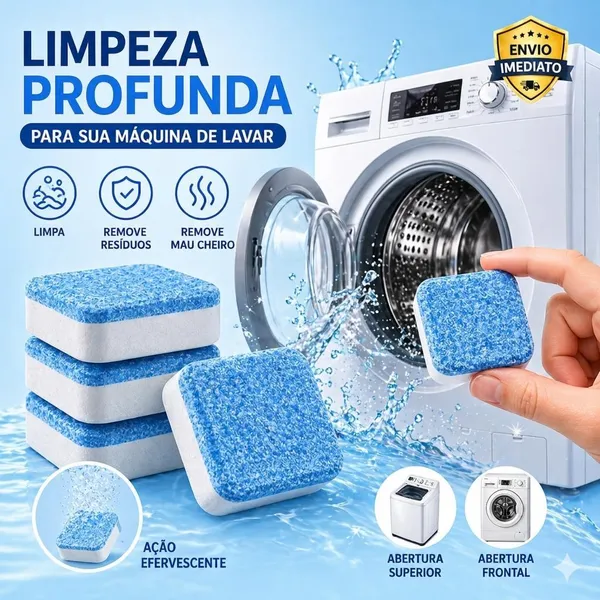 Kit Pastilhas Efervescentes para Máquina de Lavar – Remove Mau Cheiro, Resíduos e Sujeira