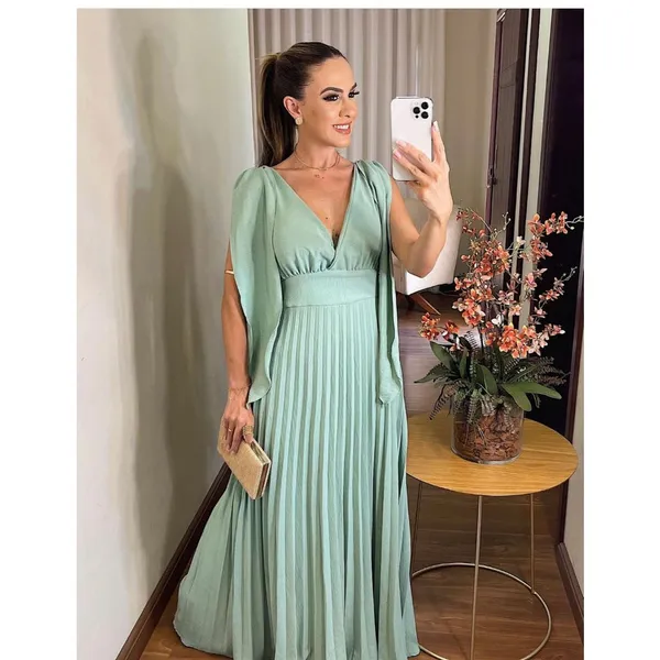 Vestido Longo Plisado Decote V Vestido Para  Madrina de Casamento e Festas