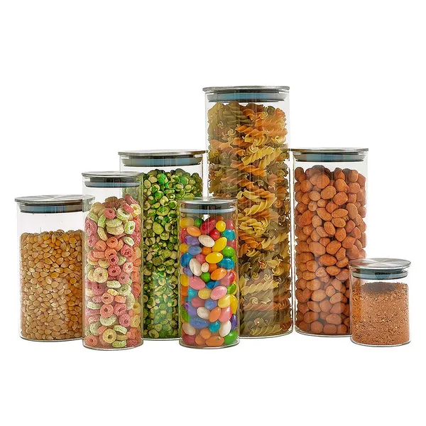 KIT 7 POTES DE VIDRO COM TAMPA INOX HERMéTICO REDONDO - TUD