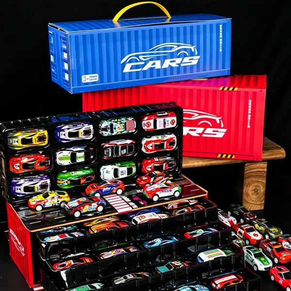 Brinquedo Kit 48 Carrinhos com Fricção de Lata Metálica Coloridos - Caixa Container que Vira Pista Brinquedo Menino