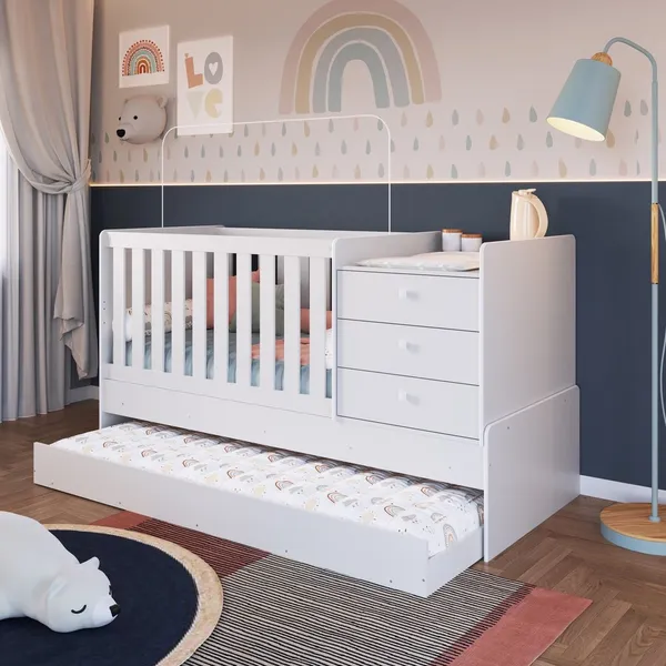 Berço Cama Multifuncional com Cama Auxiliar 3 Gavetas Branco