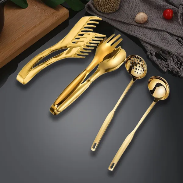 Kit com 4 Talheres de Servir em Aço Inox Dourado