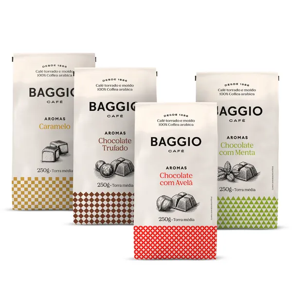 Baggio Café - Kit de Cafés Moídos Aromas 1kg - Caramelo, Chocolate  Trufado, Avelã e Menta