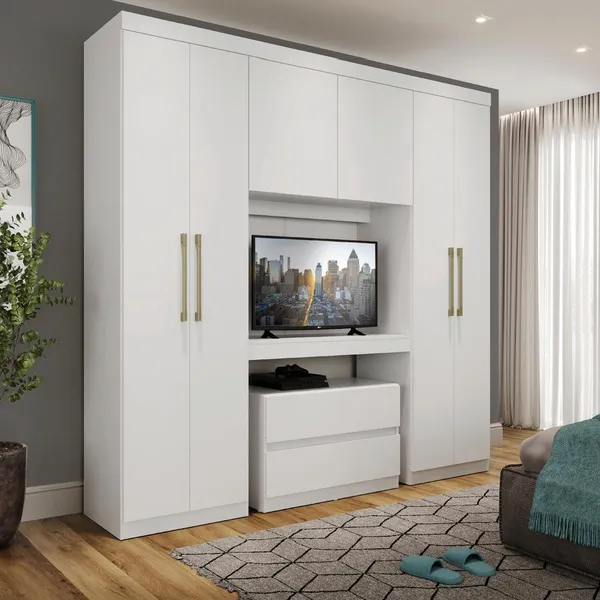 Guarda Roupa Solteiro 6 Portas 2 Gavetas Porto Branco com Painel de TV Carraro