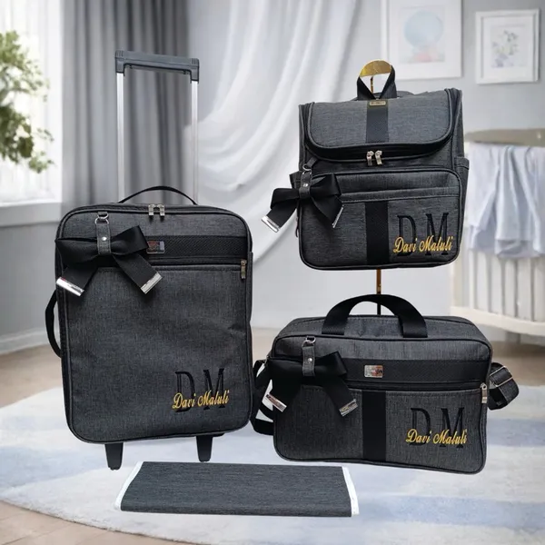 kit de bolsa de maternidade com mala de rodinha e mochila dois em um preto com faixa preta