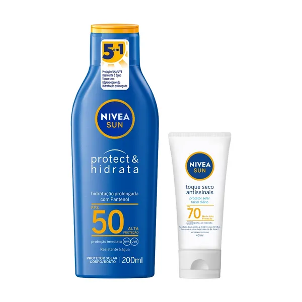NIVEA KIT SUN PROTETOR SOLAR PROTECT & HIDRATA FPS50 200ML + NIVEA SUN FACIAL TOQUE SECO ANTISSINAIS FPS70 40ML