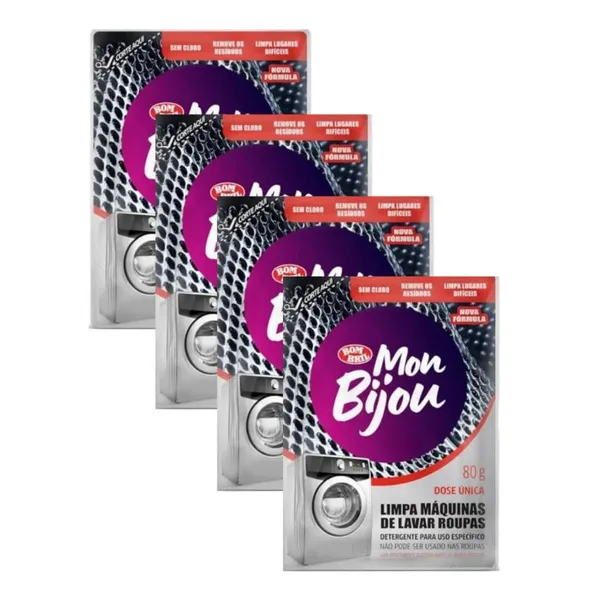 KIT COM 4 UNID - MON BIJOU LIMPA MáQUINAS LAVAR ROUPA FRONTAL E ABERTURA SUPERIOR 80G COMBATE AO MAUS ODORES