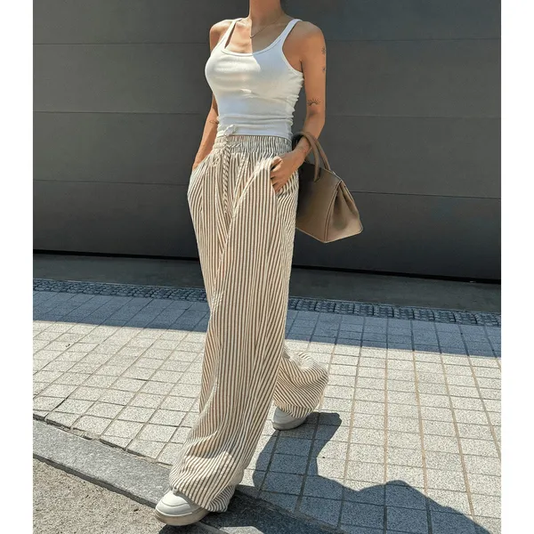 Calça ​Feninina Pantalona Listrada Wide Leg Elastico Bolsos