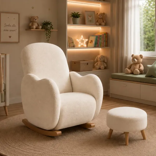 Poltrona Amamentação Base de Balanço Paris Luxo Orgânica Bouclé com Puff para Sala Moderna Opala Premium