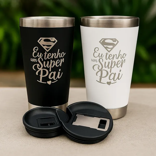 Copo Super Pai  Térmico 476ml Gravação a Laser C Tampa Abridor de Garrafa – Presente Dia dos Pais