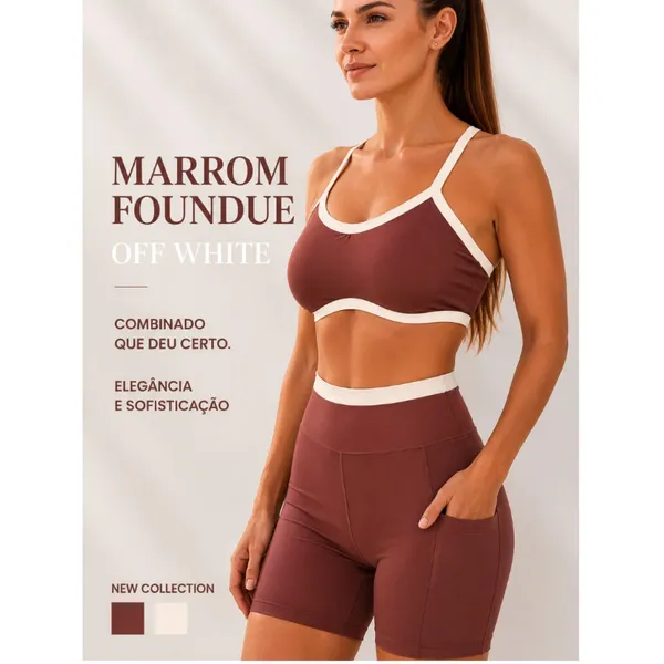 Conjunto Fitness Poliamida Premium Top Biquini e Shorts com Bolso Cós Alto Sem Transparência