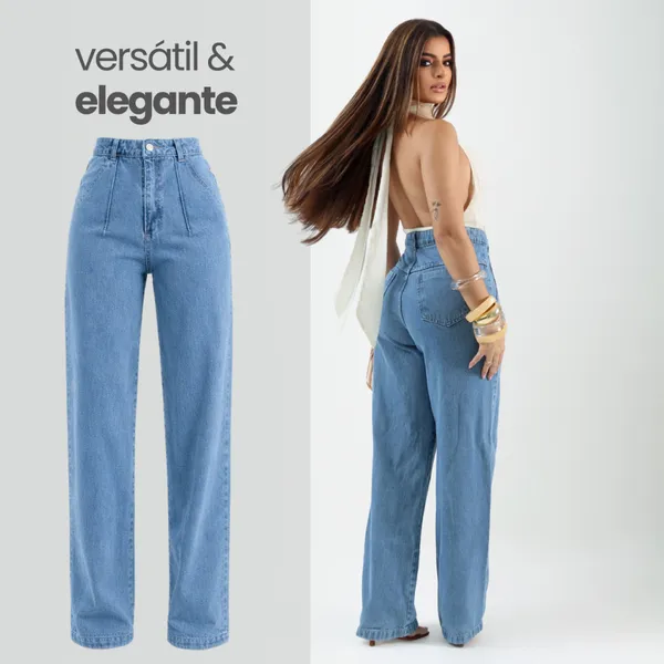Calça Jeans Wide Leg Feminina Premium Cintura Alta Pantalona Encorpada Levanta Bumbum