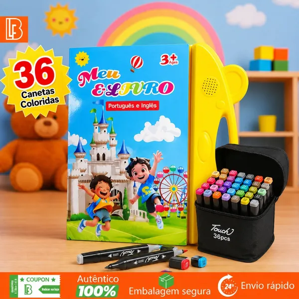 Livro Interativo com Som Infantil Bilíngue Português Inglês Multi Temas Toque Educativo Aprendizagem