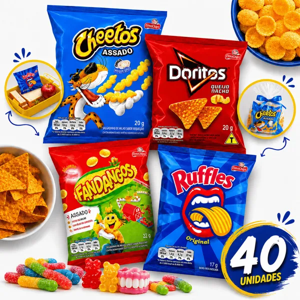 Kit 40 Salgadinhos Sortidos Elma Chips Doritos Cheetos Ruffles Fandangos Festa Lanche Lembrancinha Presente