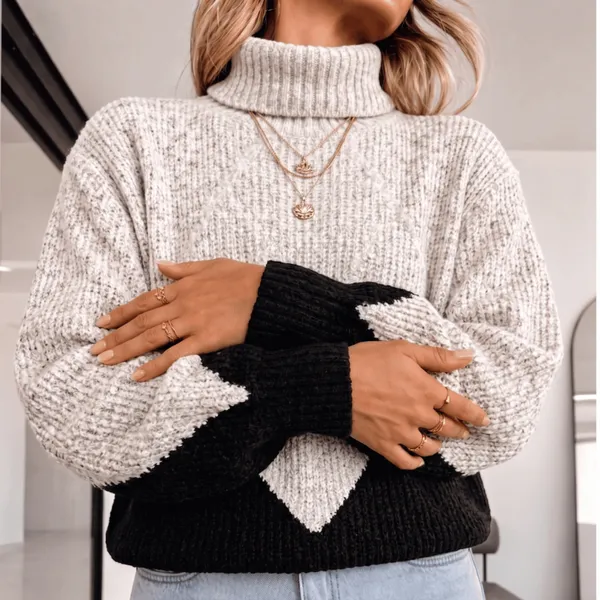 Blusa Feminina Mousse Tricot Elegante Manga Longa Gola Virada Inverno Casual