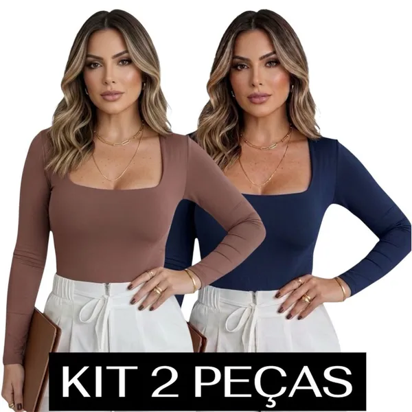 Kit 2 Blusa Feminina Manga Longa Suplex Decote Quadrado Poliamida Tee Academia Proteção UV Segunda
