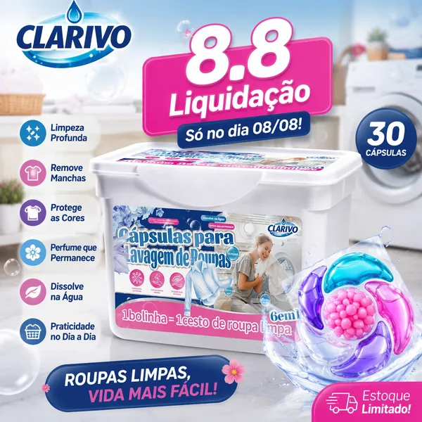 CLARIVO Cápsulas de Lavagem 6 em 1 Limpeza Profunda Remove Manchas e Ácaros Protege as Cores Caixa com 30 Unidades