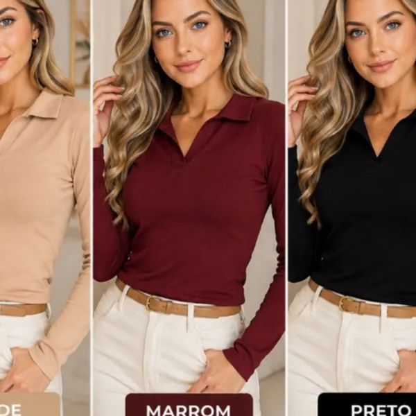 Blusa Feminina Manga Longa Canelada Gola Polo Moda Feminina Inverno Elegante Básica Premium