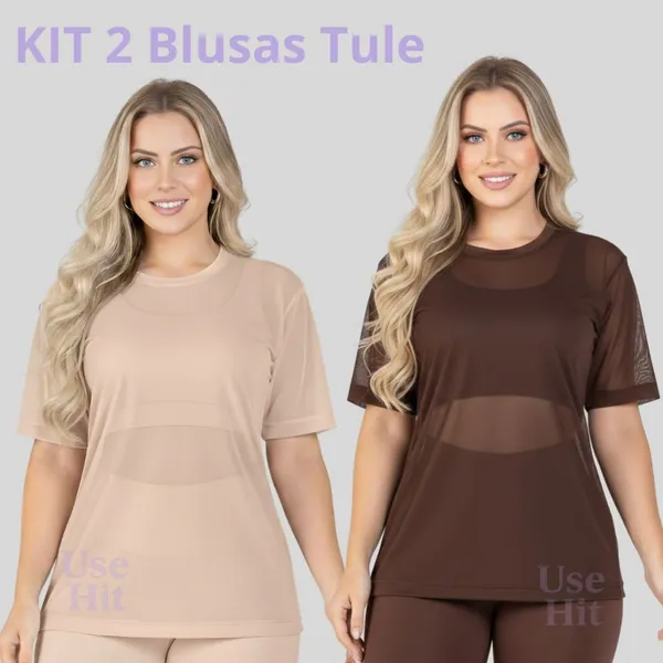 Kit 2 Blusas Femininas Transparentes de Tule Manga Curta – Academia, Treino e Fitness