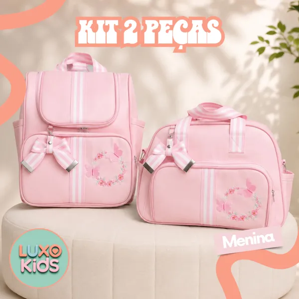 Kit Bolsa de Bebê e Mochila Maternidade Borboleta Rosa Bebê
