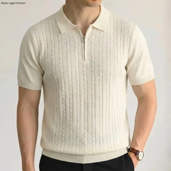 Camisa Polo Masculina Tricô Texturizada Meio Zíper | Moda Legal Homem | Premium Executivo