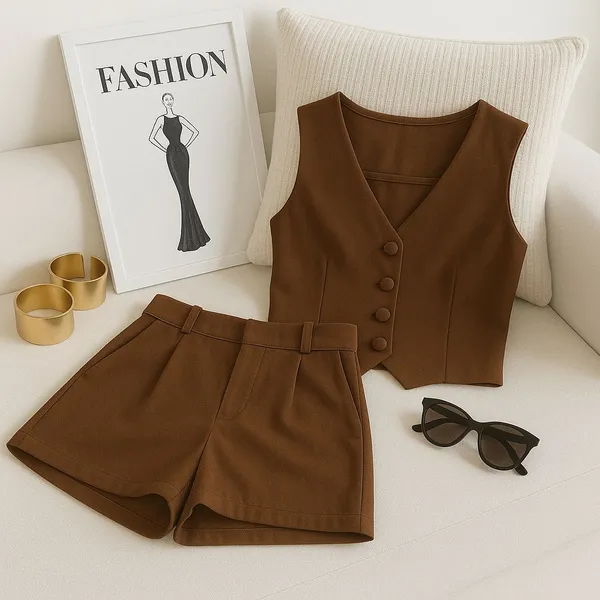 Conjunto Feminino Alfaiataria Luxo - Colete e Short Elegante