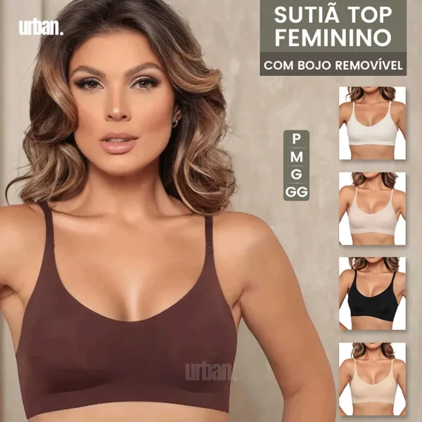 Sutiã Top Feminino Liso Básico Sem Costura Com bojo Removível e Alça Ajustável