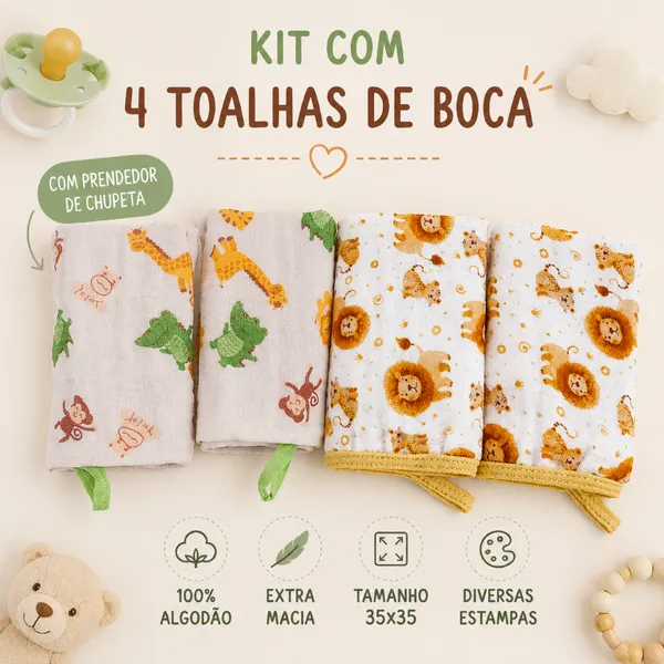 Kit 4 Toalha Paninho fralda de Boca Bebe Soft 100% Algodão Enxoval  Com Prendedor  Chupeta