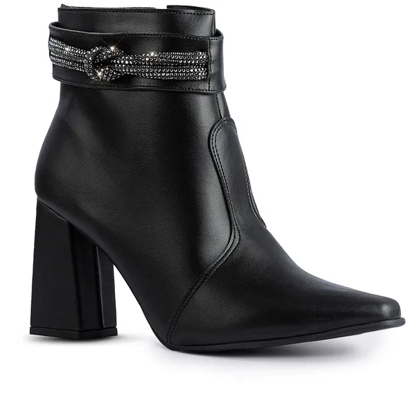 Bota Feminina Lumiss Strass Salto Alto Grosso Bico Fino Confortável Cano Curto