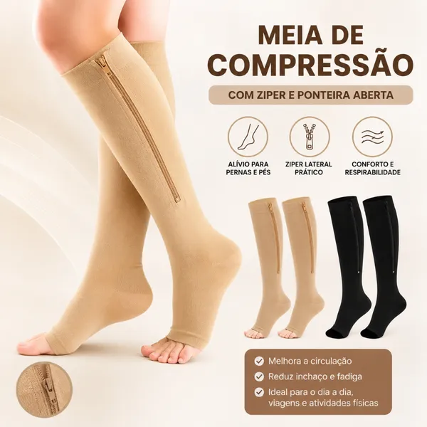 Meia de Compressão Varizes Pernas Cansadas Inchaço Dores 3/4 Zíper Compressão Unissex