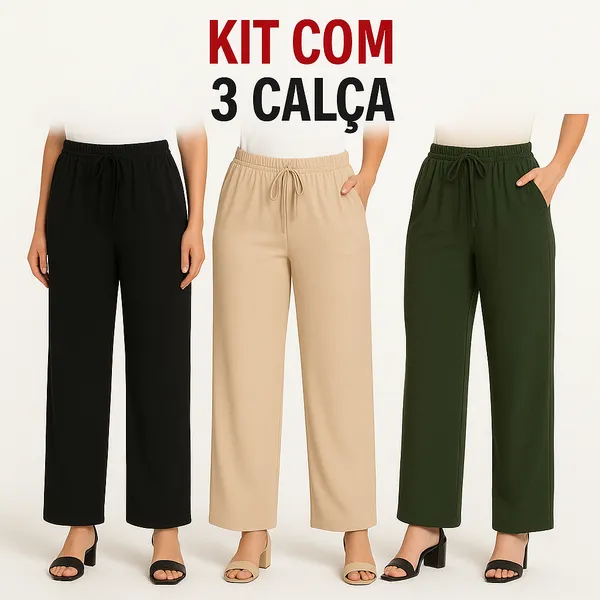 Kit 3 Calças Pantalonas Femininas Cintura Alta Tecido Duna Elegante