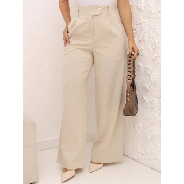 EMILI 1 Calça Comfort Transpassado Pantalona Feminino Em Linho cós alto Com Forro-S891