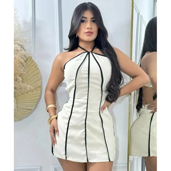 Vestido Macaquinho Feminino Curto Frente Única Listrado Alfaiataria Sensorial Costa Nua